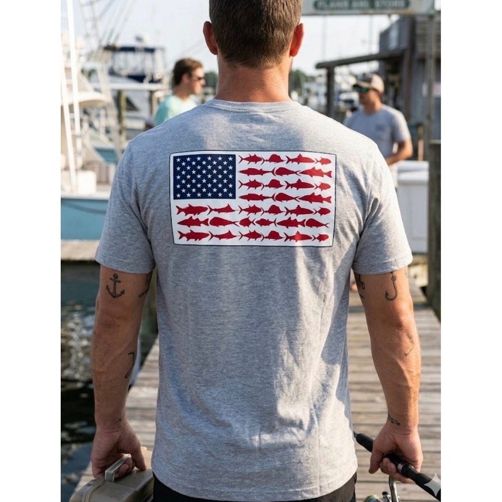 Columbia PFG Mens Large Gray Fish American Flag Graphic Short Sleeve T-Shirt
